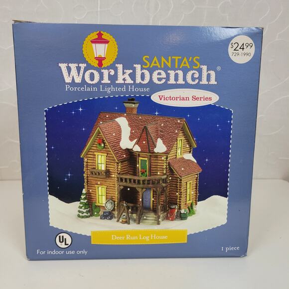 Santa's Workbench Porcelain Lighted House Deer Run Log House Victorian Series - Picture 2 of 13